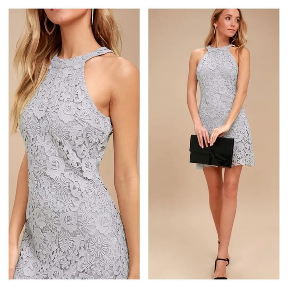 Lulu's Women's M Love Poem Light Grey Floral Lace Crochet Halter Mini Dress - Picture 2 of 11